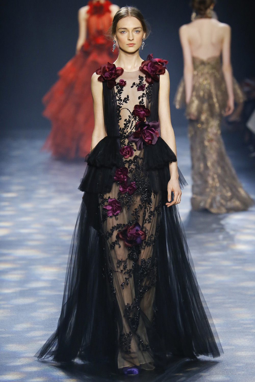 Marchesa-AW16-black-tulle-gown-beaded-burgundy-silk-roses